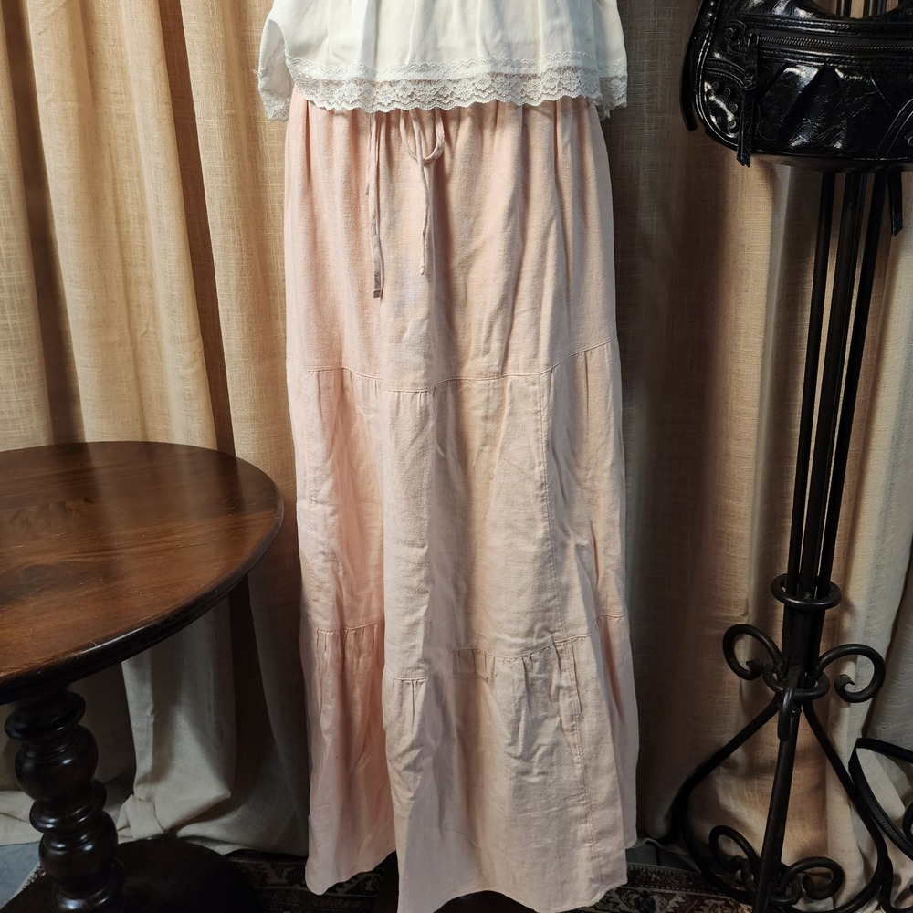 Abercrombie‎ & Fitch Linen Blend Tiered Maxi Skirt Large Pink Elastic Waist NWT